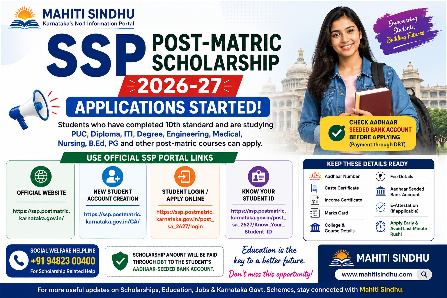 SSP Post-Matric Scholarship 2026-27 Karnataka Applications Started – Apply Online