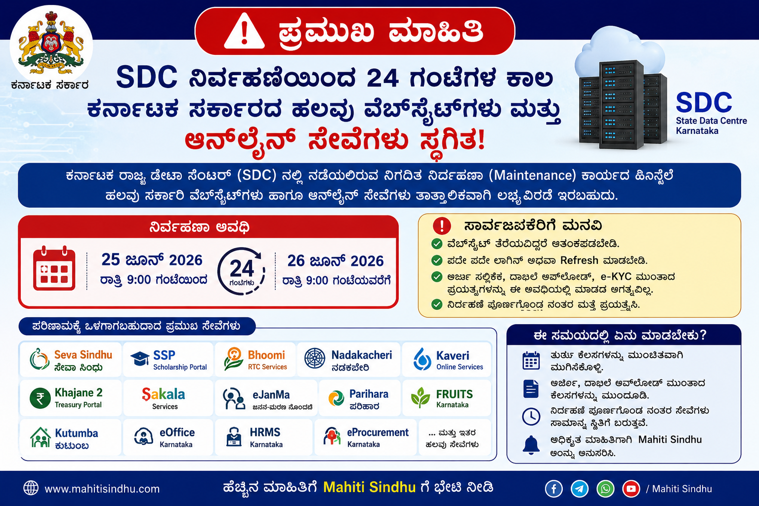 SDC ನಿರ್ವಹಣೆಯಿಂದ 24 ಗಂಟೆಗಳ ಕಾಲ ಕರ್ನಾಟಕ ಸರ್ಕಾರದ ಹಲವು ವೆಬ್‌ಸೈಟ್‌ಗಳು ಸ್ಥಗಿತ | SSP, Seva Sindhu ಸೇರಿದಂತೆ ಹಲವು ಸೇವೆಗಳ ಮೇಲೆ ಪರಿಣಾಮ