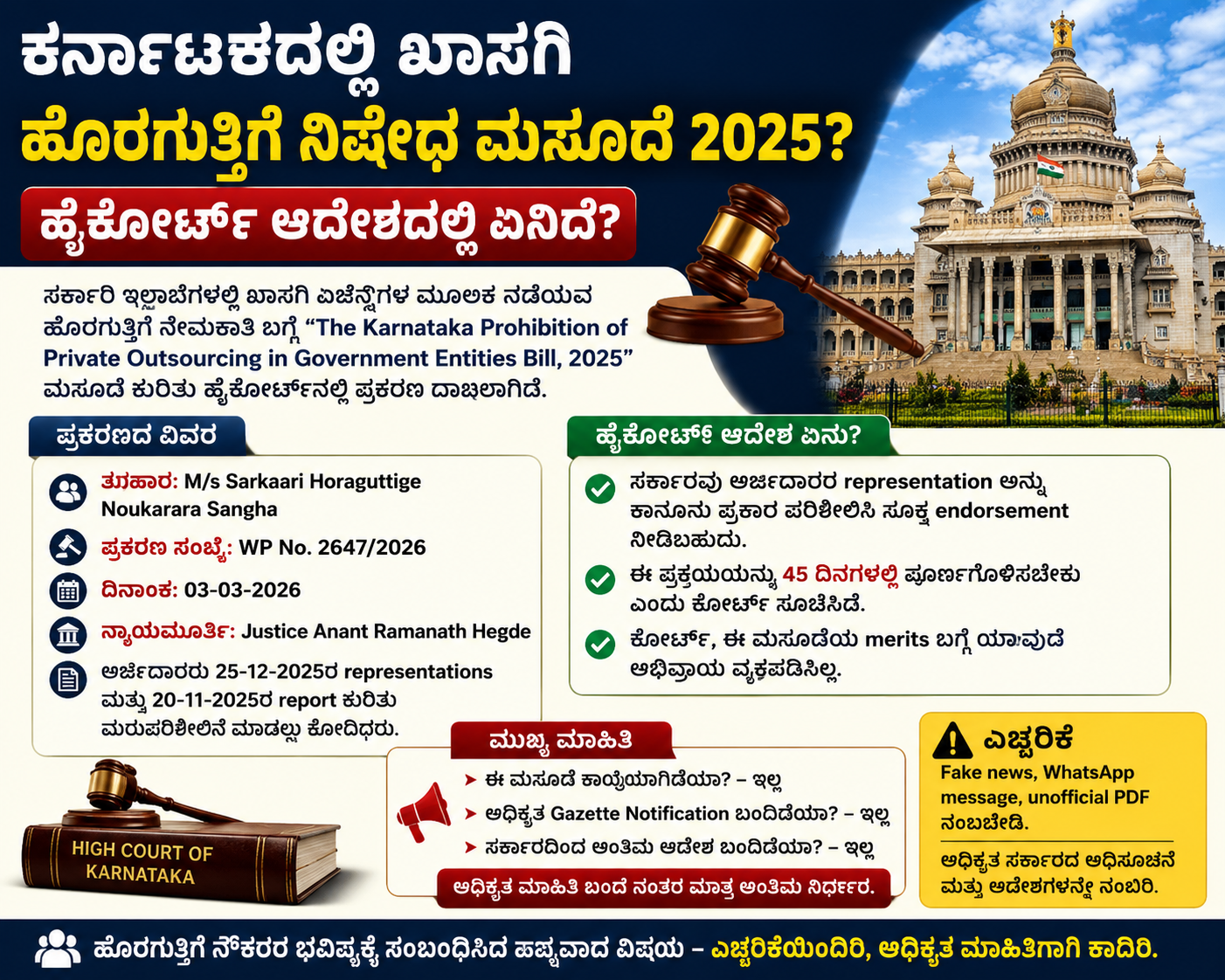 ಕರ್ನಾಟಕದಲ್ಲಿ ಖಾಸಗಿ ಹೊರಗುತ್ತಿಗೆ ನಿಷೇಧ ಮಸೂದೆ 2025? ಹೈಕೋರ್ಟ್ ಆದೇಶದಲ್ಲಿ ಏನಿದೆ?