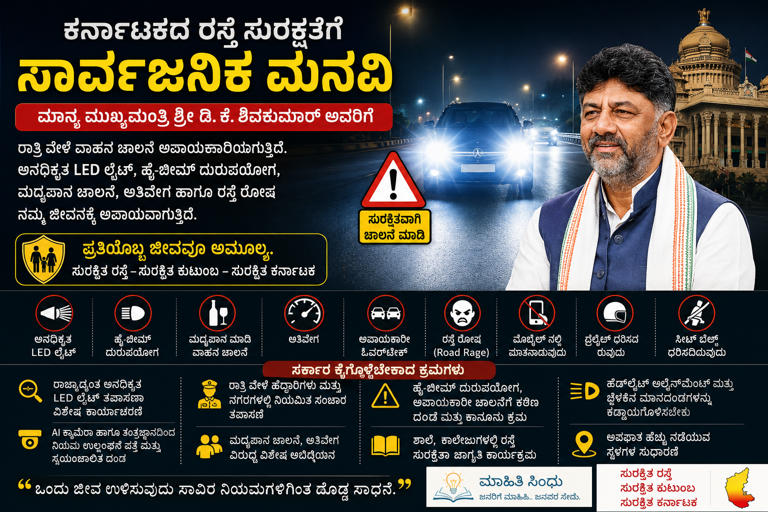 ಕರ್ನಾಟಕದಲ್ಲಿ ರಾತ್ರಿ ವಾಹನ ಚಾಲನೆ ಅಪಾಯಕಾರಿಯೇ? ಅನಧಿಕೃತ LED ಲೈಟ್‌, ಹೈ-ಬೀಮ್ ಹಾಗೂ ರಸ್ತೆ ಸುರಕ್ಷತೆ ಕುರಿತು ಮುಖ್ಯಮಂತ್ರಿ ಡಿ.ಕೆ. ಶಿವಕುಮಾರ್ ಅವರಿಗೆ ಸಾರ್ವಜನಿಕ ಮನವಿ