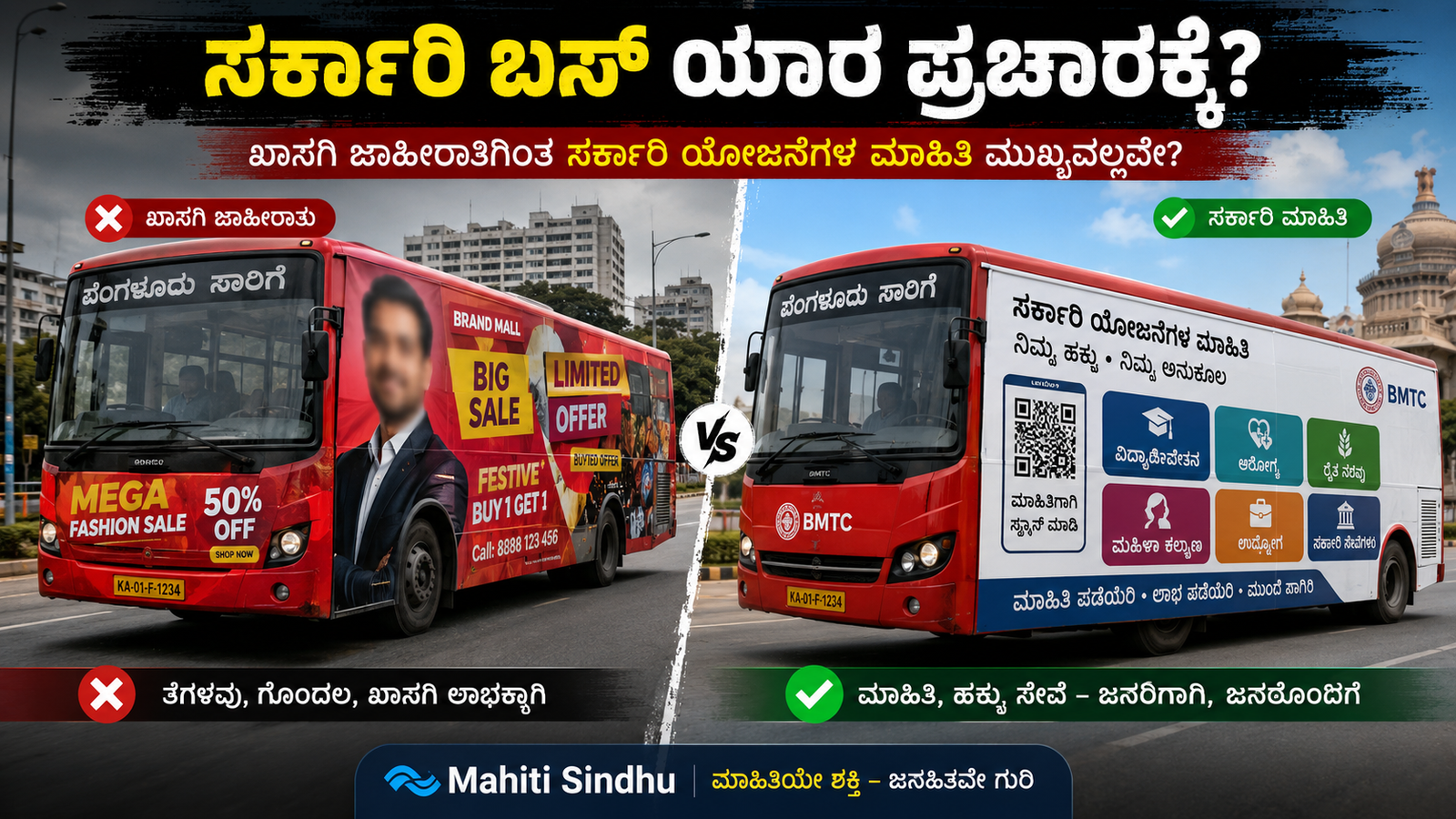 BMTC ಬಸ್‌ಗಳು ಸಾರ್ವಜನಿಕ ಸಾರಿಗೆಯೇ? ಅಥವಾ ಚಲಿಸುವ ಜಾಹೀರಾತು ಫಲಕಗಳೇ? ಸರ್ಕಾರಿ ಬಸ್‌ಗಳಲ್ಲಿ ಜನಪರ ಯೋಜನೆಗಳಿಗೆ ಮೊದಲ ಆದ್ಯತೆ ಯಾಕಿಲ್ಲ?